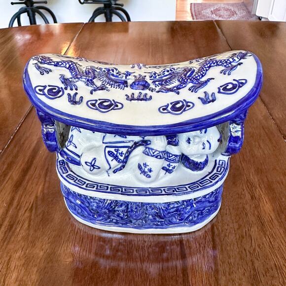 Antique Chinese Neck Pillow Blue and White Chinoiserie Dragon Boat Porcelain - Picture 3 of 13